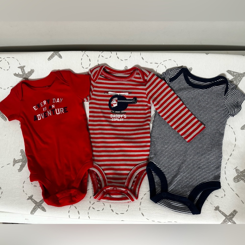 Adventure Striped Baby Bodysuit Set of 3 - Red, Blue, Black and White